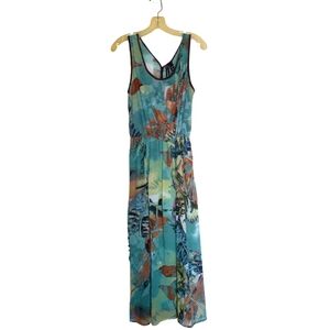 Fun and flirt summer dress M  aqua multicolor/ Brown trim NWTS poly open back